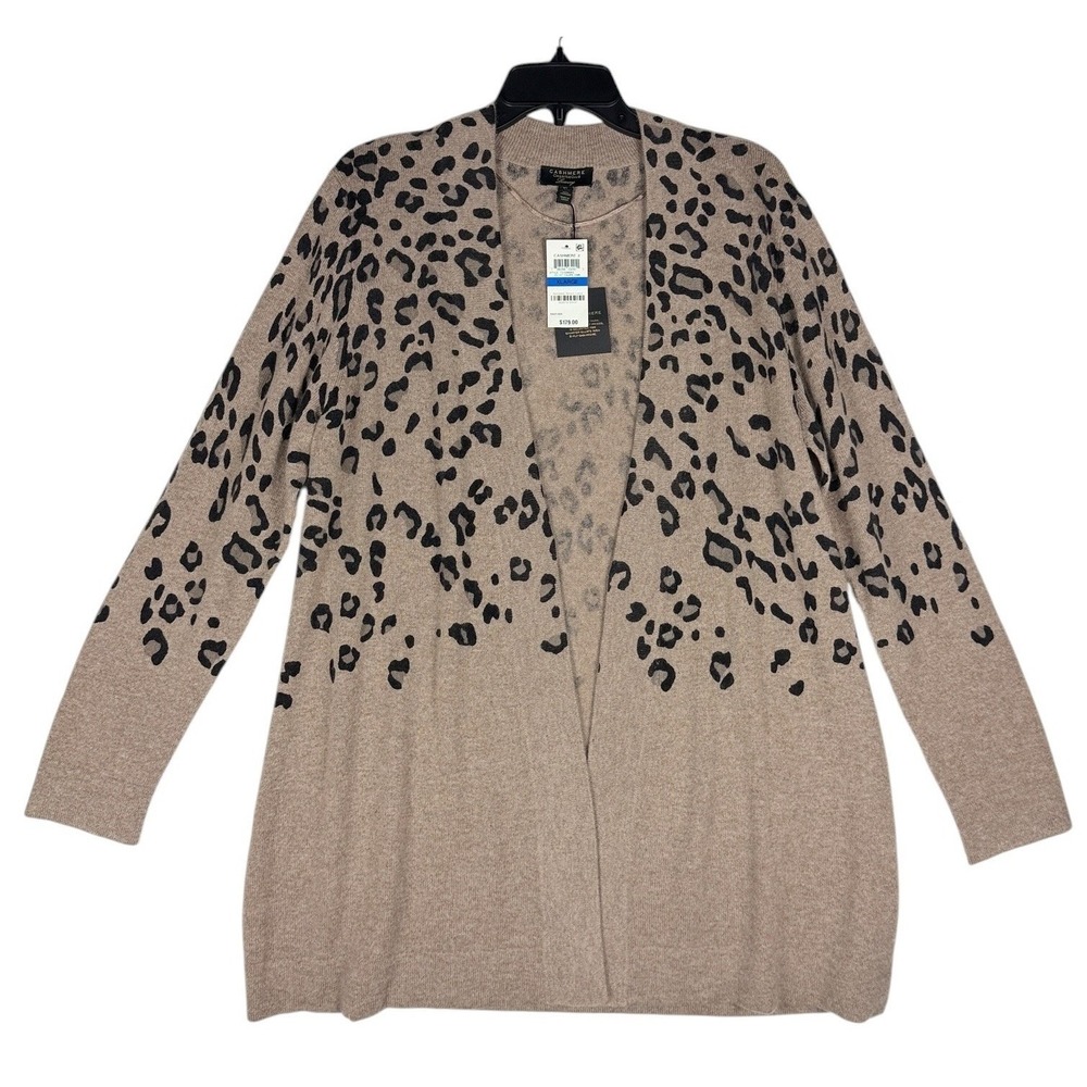 Charter Club Women Sz XL Leopard Print 100% Cashmere Cardigan Heather Taupe NWT
